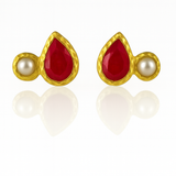 Gold Plated Side Hammered Indian Peacock Studs Rough Cut Ruby and Pearl