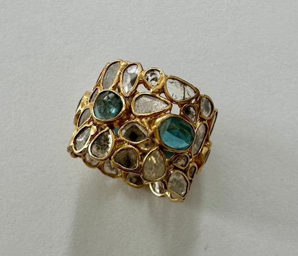 18K Gold Plated Mosaic Rough Cut Sliced Diamonds with Blue Topaz Ring