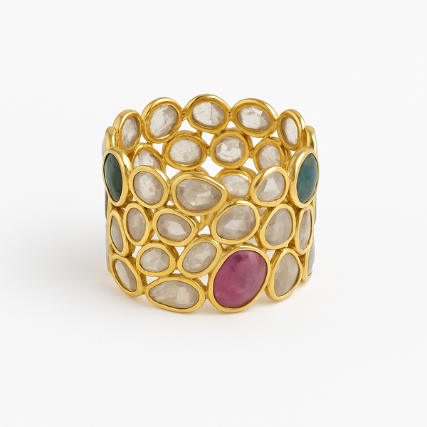 18K Gold Plated Mosaic Rough Cut Diamond Sliced River Ring with Tourmalines
