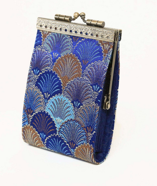 Small Shell Brocade Card Holder with RFID | Purple & Navy Blue