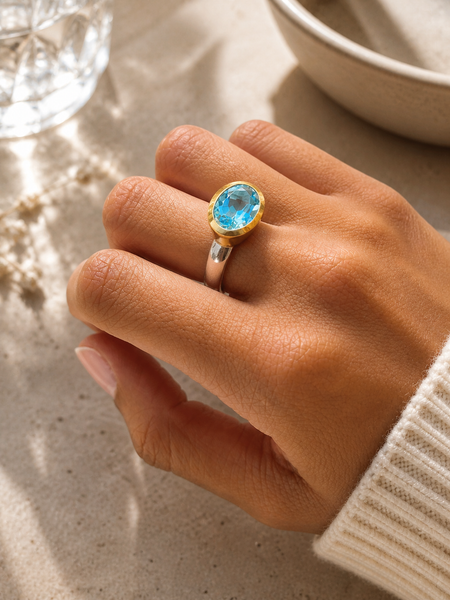Golden Iberia Oval Gemstone Ring - Blue Topaz