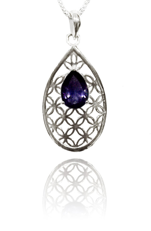 Flower of Life Teardrop Pendant with Iolite