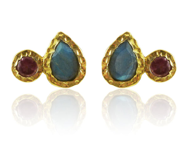 Gold Plated Side Hammered Indian Peacock Studs Labradorite and Pink Tourmaline