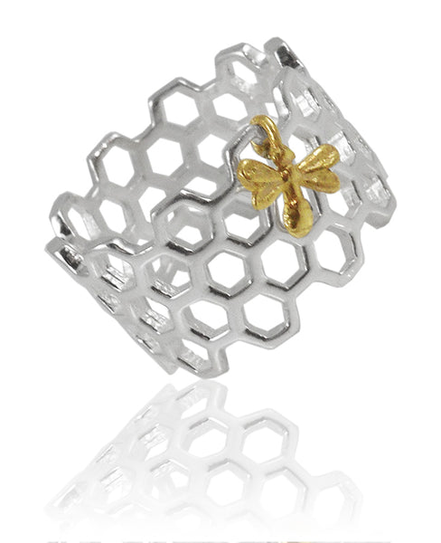 Honeycomb Ring with Golden Bee