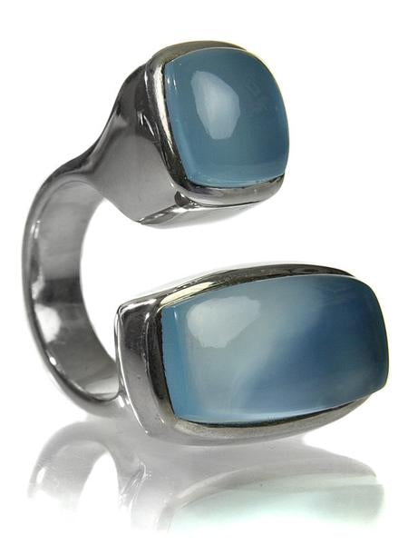 Two Stone Non-Connect Ring Blue Chalcedony Cabochon