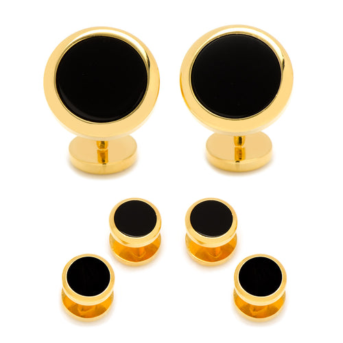 Double Sided Gold Onyx and Mother of Pearl Round Beveled Stud Set