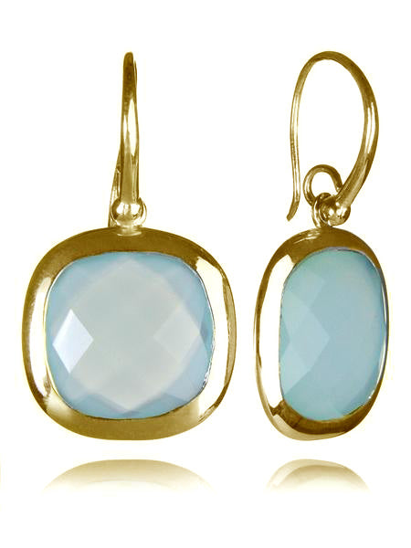 18K Gold Plated Framed Rounded Square Classic Earrings Aqua Chalcedony