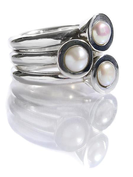 Three Pearl on Three Bands Ring White Pearl
