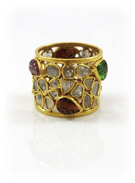 18K Gold Plated Mosaic Rough Cut Diamond Sliced River Ring with Tourmalines