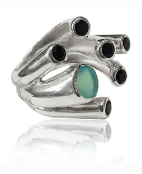 Desert Print Ring Aqua Chalcedony and Black Onyx 7