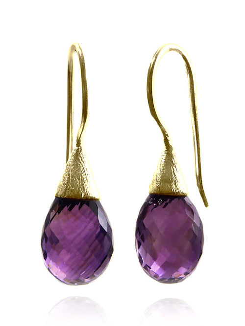 18K Gold Plated Small Quartz with Brushed Top Earrings Amethyst