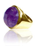 18K Gold Plated Medium Faceted Circle Cocktail Ring Amethyst