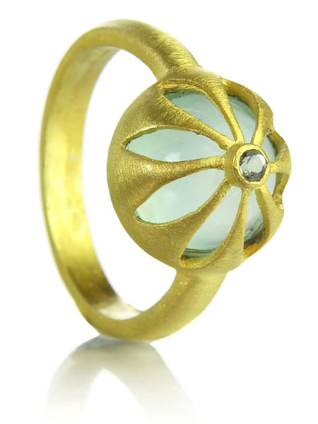 18K Gold Plated Arabesque Flower Cut Out Ring Aqua Chalcedony
