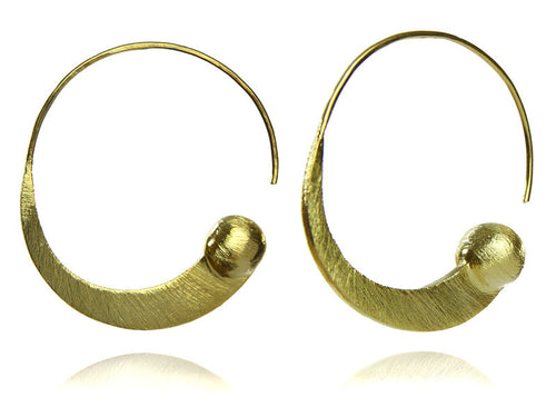 18K Gold Plated Brushed Swirly Earrings with Gold Ball