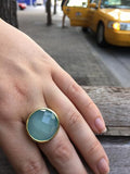 18K Gold Plated Medium Faceted Circle Cocktail Ring Aqua Chalcedony