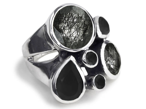 Slim Flower Cocktail Ring Black Onyx and Black Rutile Quartz
