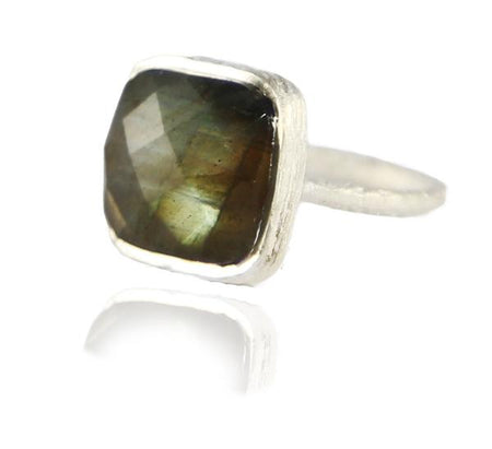18K Gold Plated Medium Faceted Circle Cocktail Ring Aqua Chalcedony