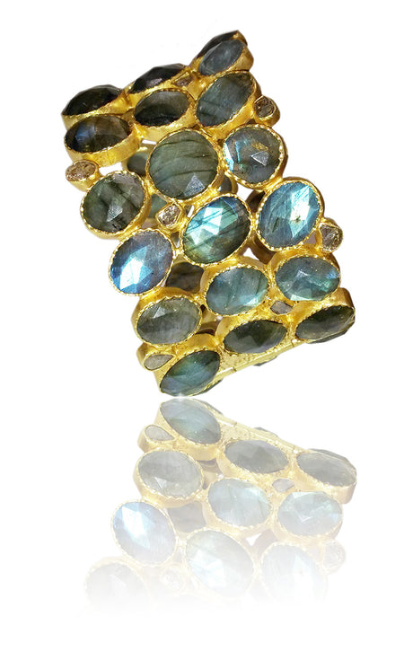Gold Plated Four Oval Stone Jaipuri Bangle Aqua Chalcedony