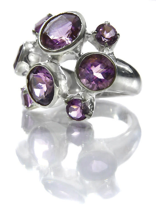 Eight Stone Free Style Bubble Ring Amethyst