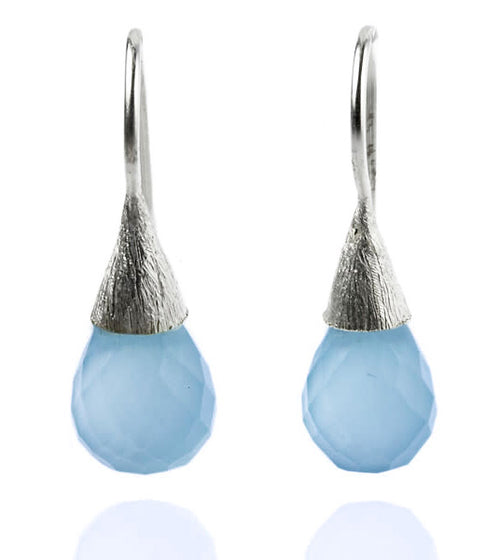 Small Quartz with Brushed Top Earrings Blue Chalcedony