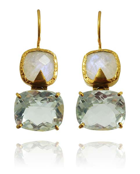 Hinged Double Square Earrings White Moonstone and Green Amethyst