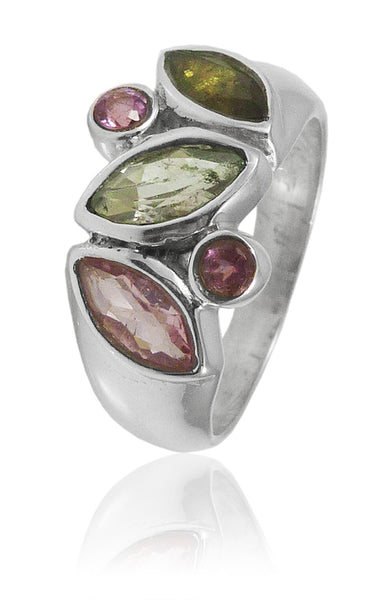 5 Stone Cluster Ring Mixed Tourmaline Size 7.5