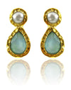 Gold Plated Hammered Indian Peacock Studs Aqua Chalcedony and Pearl