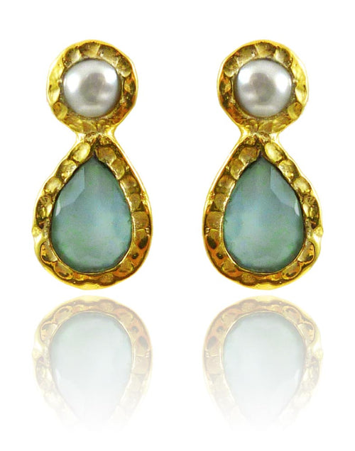 Gold Plated Hammered Indian Peacock Studs Aqua Chalcedony and Pearl