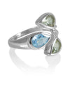 Three Stone Leaf Wrap Ring Blue Topaz and Green Amethyst