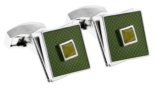 Green Enamel Spinning Square Cufflinks (Rhodium)