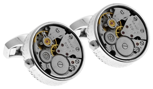 Round Watch Movement Cufflinks (Rhodium)
