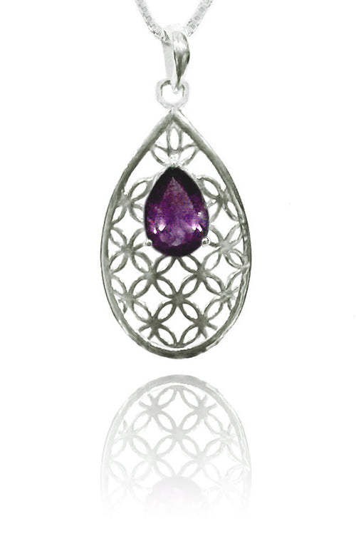 Flower of Life Teardrop Pendant with Amethyst