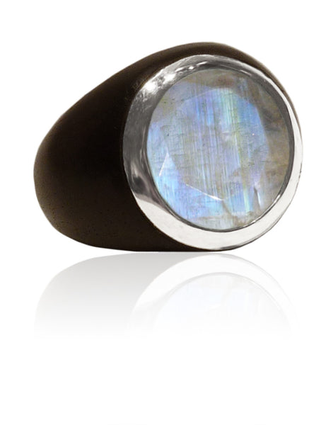 Mexican Art Deco Ebony Cocktail Ring White Moonstone
