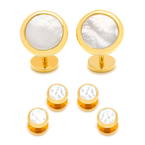 Double Sided Gold Mother of Pearl Round Beveled Stud Set