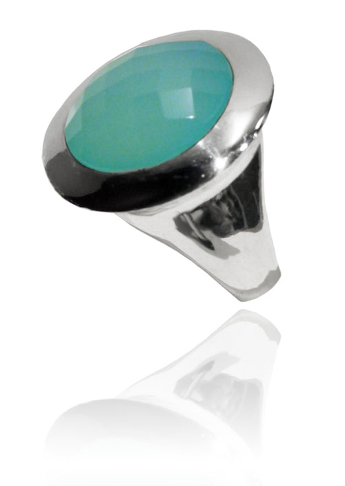 Small Italian Full Faceted Circle Ring with Simple Band Aqua Chalcedony