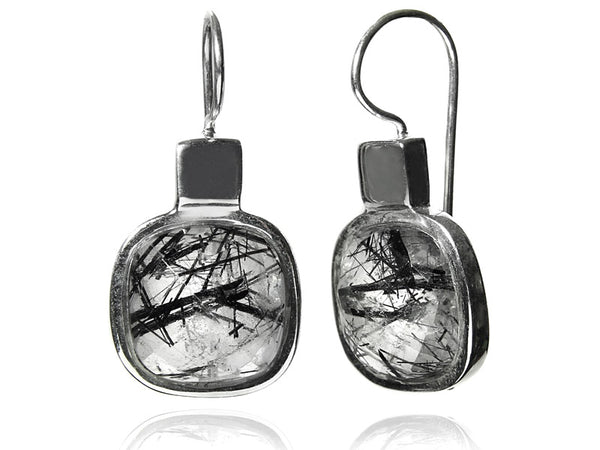 Faceted Rounded Square Earrings Black Rutile Quartz