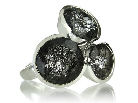 Mexican Art Deco Ebony Cocktail Ring White Moonstone