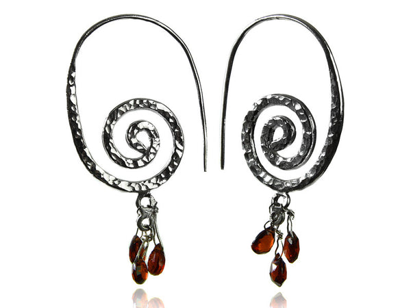 Swirly Earrings with Stone Drops (Garnet)