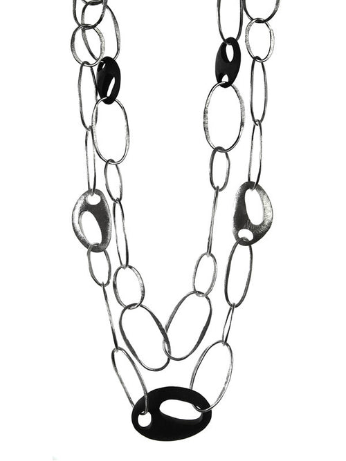 Art Deco Oval Silver and Wood Double Stranded Necklace